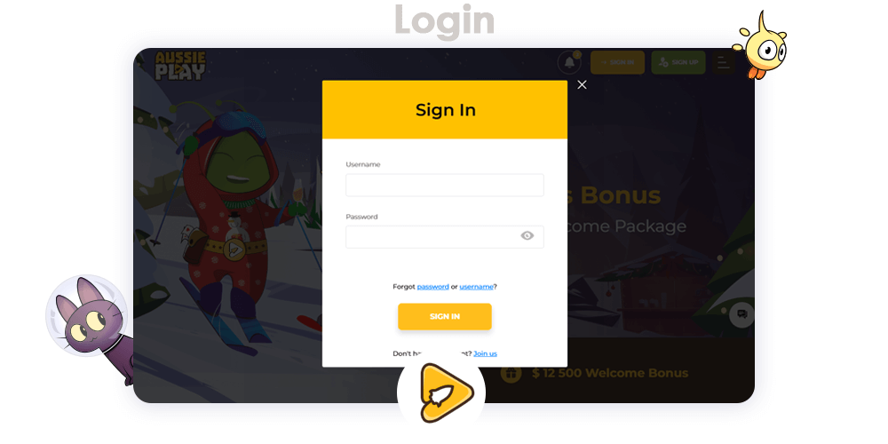 Instruction how you can log in to the Aussie Play Casino account, that you can created at any time via a computer or mobile site