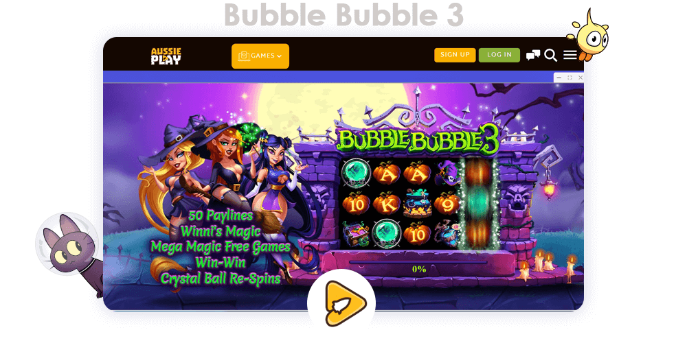 Using promo code after your first deposit you will receive Free Spins on Bubble Bubble 3 game, as well as extra money up toyour balance at Aussie Play Casino