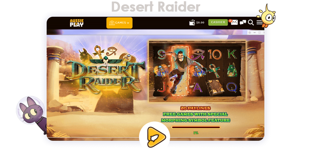 Using promo code after your first deposit you will receive Free Spins on Desert-Raider game, as well as extra money up toyour balance at Aussie Play Casino