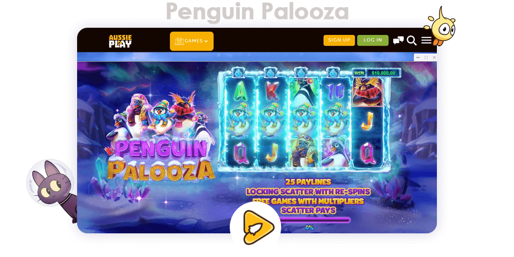 Using promo code after your first deposit you will receive Free Spins on Penguin Palooza game, as well as extra money up toyour balance at Aussie Play Casino