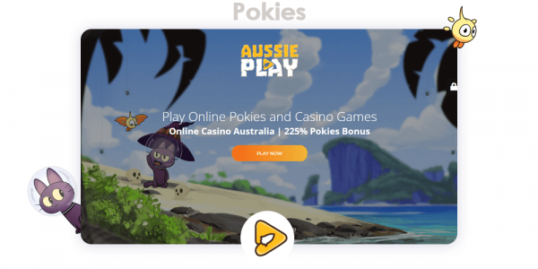 Aussie Play Casino game lobby interface showing various slot machine thumbnails