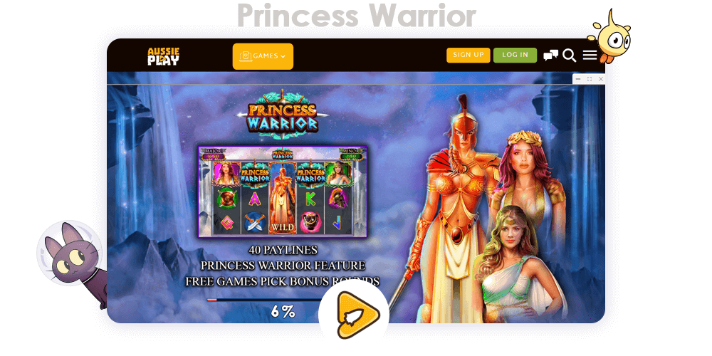 Using promo code after your first deposit you will receive Free Spins on Princess Warrior game, as well as extra money up toyour balance at Aussie Play Casino