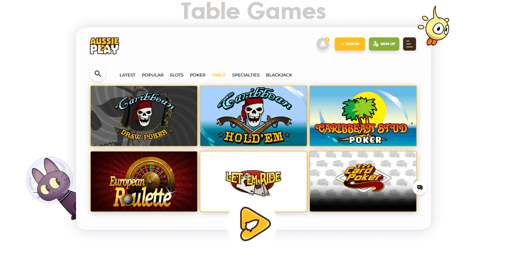 List of games from Aussie Play Casino in the Table Games section